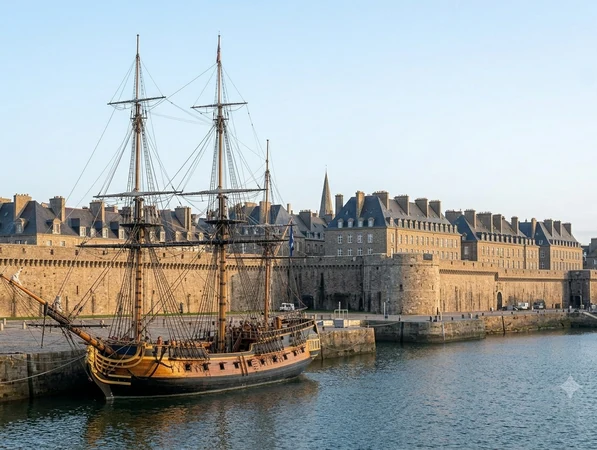 Quai Duguay-Trouin à Saint-Malo avec l'Étoile du Roy amarrée